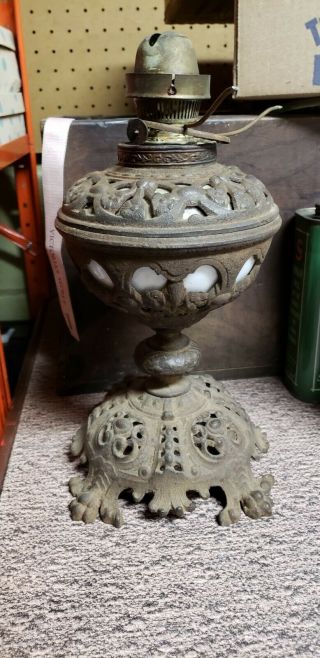 Antique Milk Glass Oil Lantern w/ Cast Iron Base and tip with flowers RARE 2