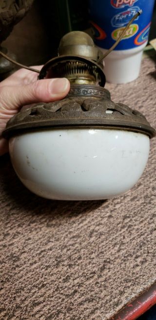 Antique Milk Glass Oil Lantern w/ Cast Iron Base and tip with flowers RARE 3