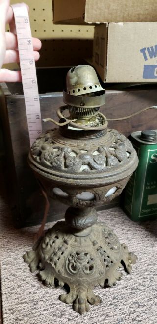 Antique Milk Glass Oil Lantern w/ Cast Iron Base and tip with flowers RARE 8