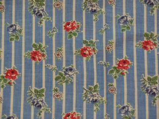 Vintage Feedsack Fabric,  Blue With White Stripes,  Red & Blue Roses Scattered