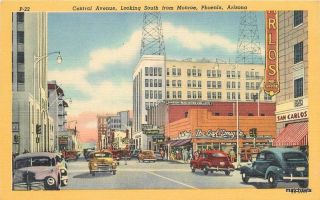 1940s Central Avenue Monroe Phoenix Arizona Autos Teich Linen Postcard 7641