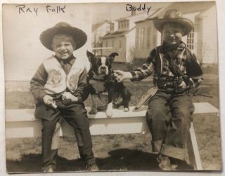 1950s Stick Em Up Boston Terrier Dog Boy Cowboy Fashion Snapshot Photograph