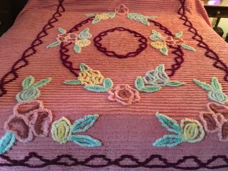 Vintage Floral Cotton Chenille Bedspread 72” X 102”