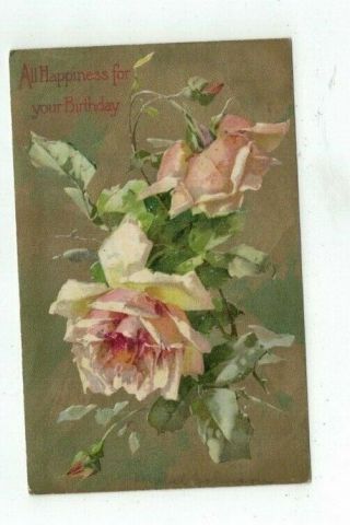 Antique Birthday Post Card Silver Peach Roses On Gold Foil Background
