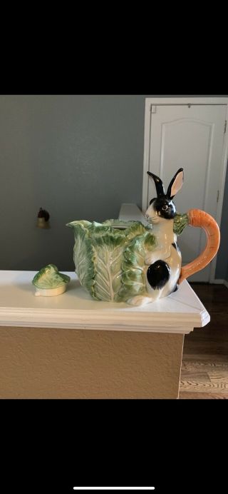 Vintage Fitz & Floyd Rabbit With Cabbage Teapot With Ff 1987 45 Oz
