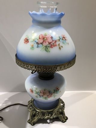 Vintage Gwtw 3 - Way Hurricane Parlor Lamp,  Blue With Flowers,  17” Tall,