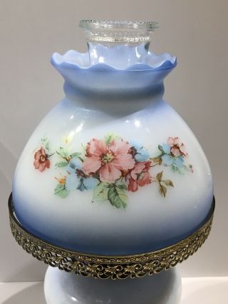 Vintage GWTW 3 - Way HURRICANE PARLOR LAMP,  Blue with Flowers,  17” tall, 2