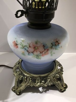 Vintage GWTW 3 - Way HURRICANE PARLOR LAMP,  Blue with Flowers,  17” tall, 3