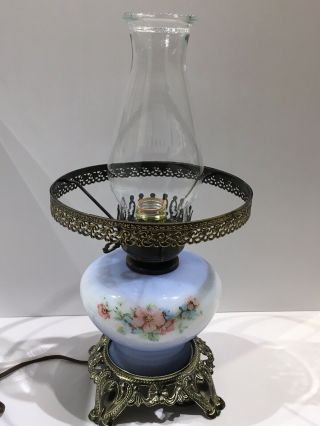Vintage GWTW 3 - Way HURRICANE PARLOR LAMP,  Blue with Flowers,  17” tall, 5