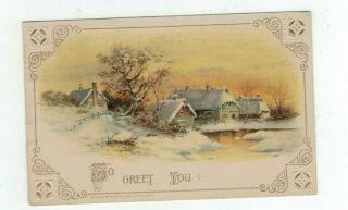Antique Embossed 1913 Winsch Greetings Post Card Sunset Winter Village Scene