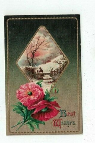 Antique Embossed Feinberg Best Wishes Post Card Framed Winter Scene & Flowers