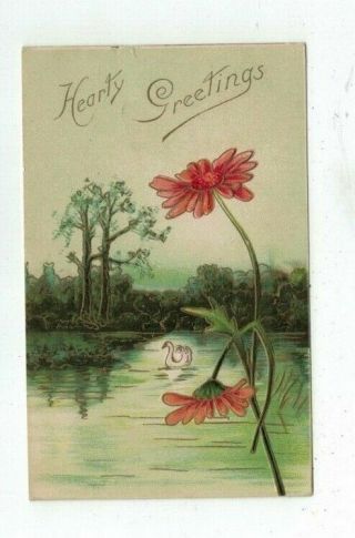 Antique 1910 Embossed Post Card Swan On Lake Red Flowers Green Tint Card