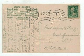 Antique 1910 Embossed Post Card Swan on Lake Red Flowers Green Tint Card 2