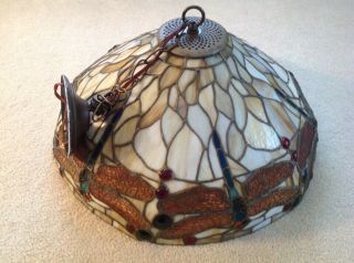 Vintage Plastic Stained Glass Look Hanging Lamp With Dragon Fly Design