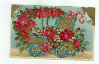 Antique 1909 Embossed Congratulations Post Card Flower Covered Old Car