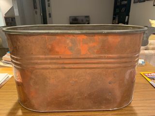Antique Vintage Copper Boiler Cooker Wash Tub Wood Handles