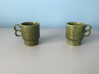 Set 2 Vintage Stoneware Coffee Cup Mugs Japan Mid Century Floral Stack Green