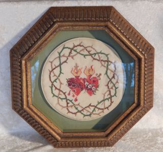 Cross Stitch Religious Framed Oil Lamp Doily Pot Holder Vintage Sacred Heart Sew