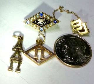 10k Gold & Pearl Blue Sapphire Enamel Alpha Delta Pi Sorority Pin Badge Pendants