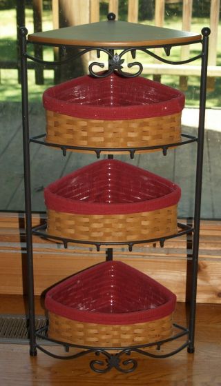 Longaberger Wrought Iron 3 Tiered Corner Shelf W/maple Wood Top & Pantry Baskets