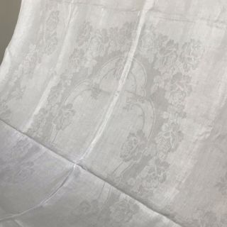 Vintage White Irish Linen Damask Tablecloth W/ Roses & Clover 84 X 63 "