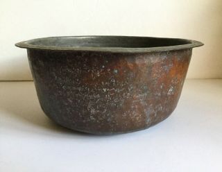 Antique Primitive Hand Hammered Rolled Edge Heavy Large Tin Lined Copper Bowl