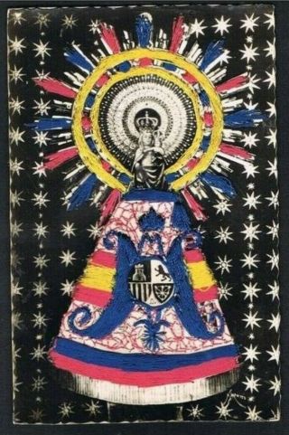 Embroidered Silk Postcard Virgin Mary Zaragoza Spain 1958