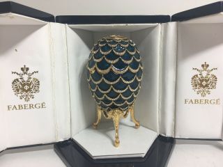 Faberge Enameled Imperial Blue Pine Cone Egg And Box Authentic