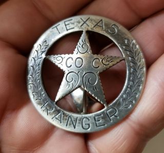 Old West Obsolete Texas Ranger Hand Engraved Badge Law Enforcement.  995