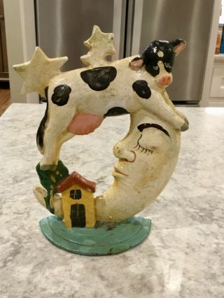 Vintage Cast Iron Hey Diddle Diddle Cow Jumped Over The Moon Door Stop