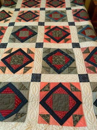 Vintage Antique Quilt Blocks Made Into Quilt Red White Blue Black Look
