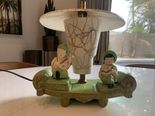 Vintage Mid Century Chalkware Tv Lamp - Fiberglass Shade - Asian Figurines