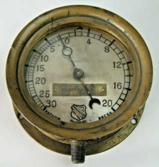 Antique 5 1/8 " Dia.  Brass Ashcroft Vacuum / Pressure Gauge 20 Psi Vacuum 30