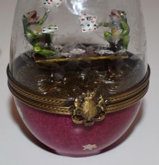 Limoges Peint Main Hinged Egg Shaped Trinket Box - FROGS PLAYING POKER - 4 