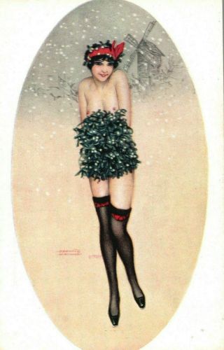 Vintage - Raphael Kirchner Art Postcard " Seni Nude With Holly And Snow "