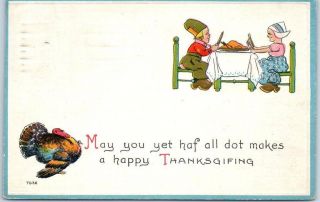 1913 Vintage Thanksgiving Postcard Dutch Boy & Girl / Dinner Table Scene Turkey