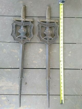 Early Knights Of Pythias Cast Iron Grave Marker Flag Holder Pair