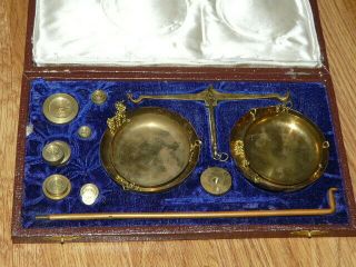 Antique Vintage Brass Balance Scale Wiith Weights And Box