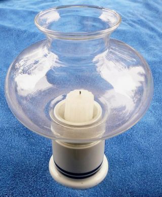 Dansk Ceramic Candle Holder Cream W/blue Stripes Clear Glass Chimney Japan 9.  5 "