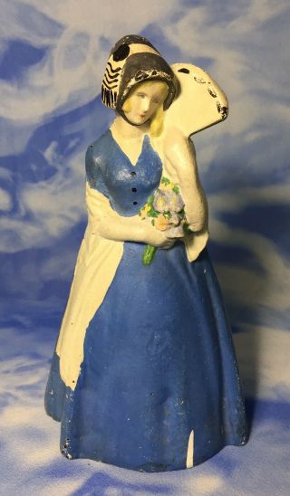 Rare Antique Hand Painted Cast Iron Lady Woman W/ Fan & Flowers Door Stopper Guc