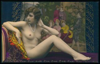French Nude Woman Art Deco Pochoir Tapestry 1920s Tinted Color Photo Postcard Bb