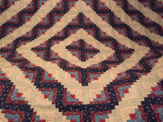Vintage Handmade Log Cabin Quilt Knotted Queen Size Multicolor Calico Floral