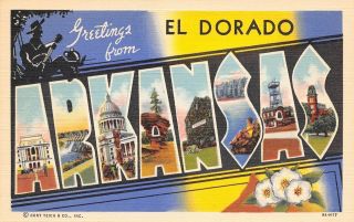 El Dorado Arkansas State Large Letter Linen Postcard Hillbilly Silhouette 1939