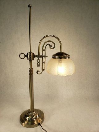 Vintage Brass Art Nouveau Adjustable Telescoping Table Lamp Glass Frosted Shade