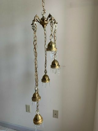 Vintage Brass Plated Ceiling Hanging Chain 5 Dome Lamp Fixture -