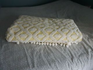 Vintage Pastel Yellow Chenille Bedspread full - size w/ white pom fringe 4