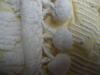 Vintage Pastel Yellow Chenille Bedspread full - size w/ white pom fringe 6
