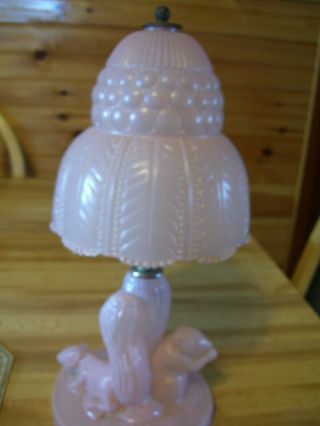 Art Deco Pink Glass Boudoir Lamp W/ Squirrels