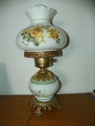 Vintage Hurricane Parlor Lamp Hand Painted Yellow Roses Milk Glass Dual Light