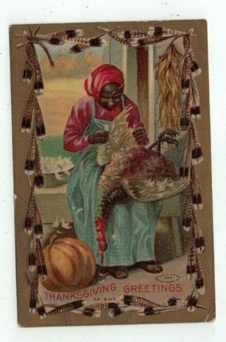 Antique 1909 Black Americana Thanksgiving Post Card Woman Plucking Turkey
